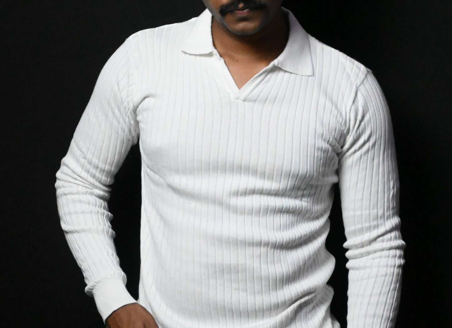 Old Money Heavy Ribbed Texture Full Sleeve White Polo T-Shirt