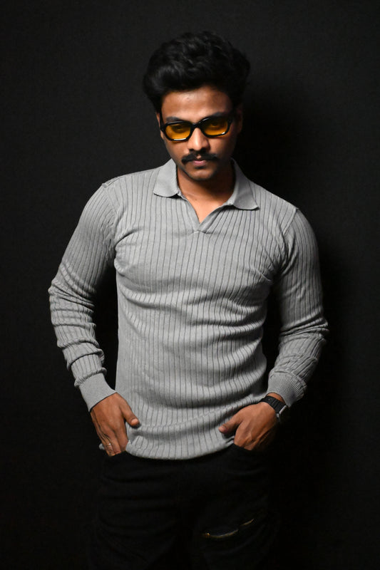 Old Money Heavy Ribbed Texture Full Sleeve Grey Polo T-Shirt