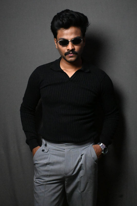 Old Money Heavy Ribbed Texture Full Sleeve Black Polo T-Shirt