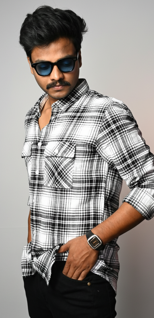 Black and White Double Pocket Checks Shirt