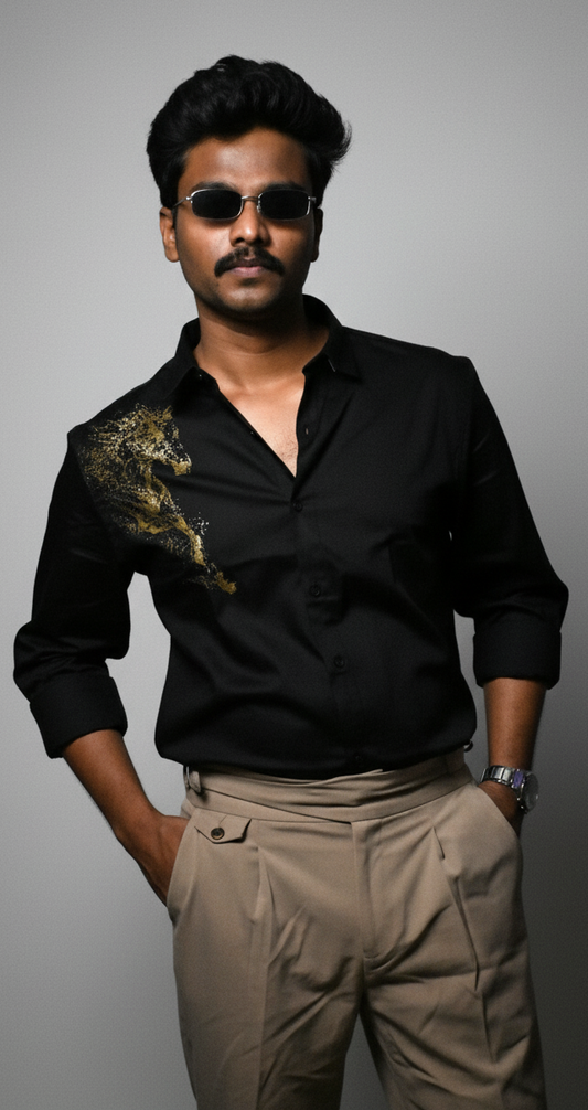 Black Designer Golden Horse Shirt