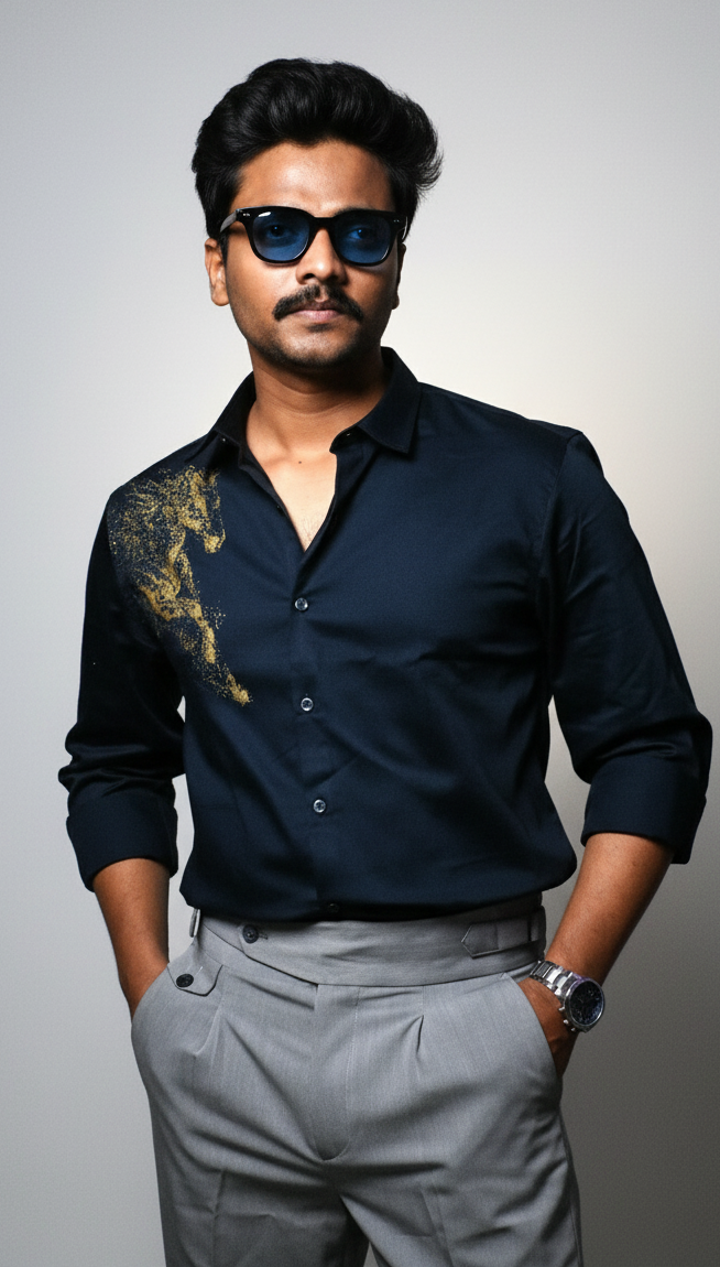 Navy Blue Designer Golden Horse Shirt