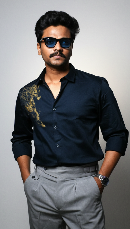 Navy Blue Designer Golden Horse Shirt