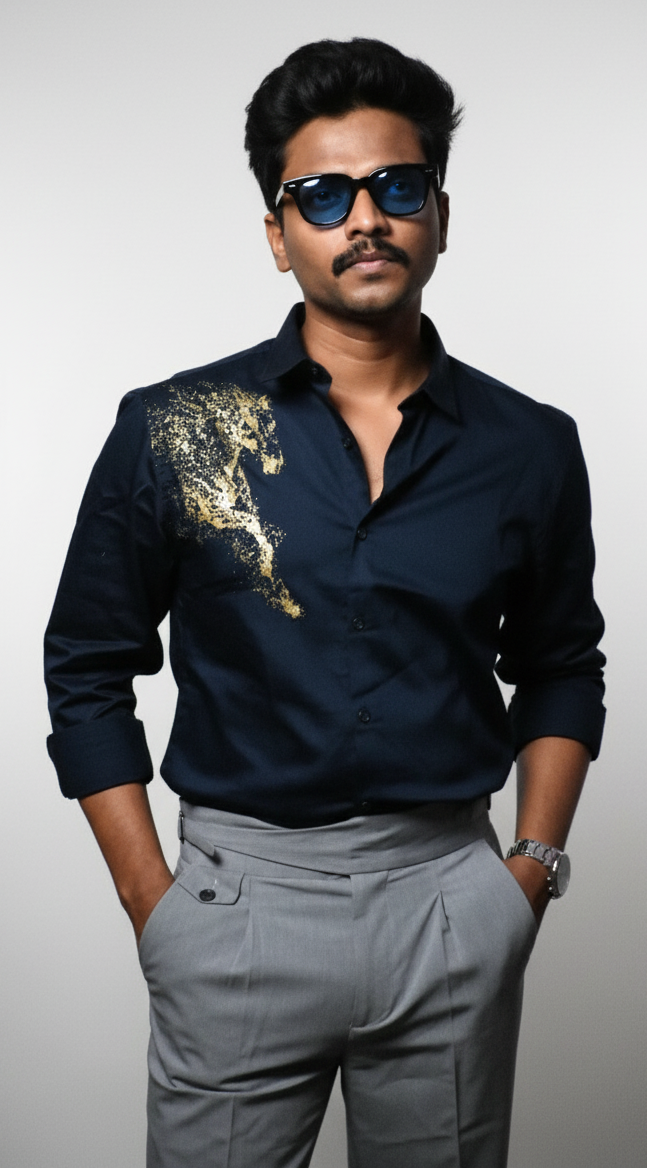 Navy Blue Designer Golden Horse Shirt