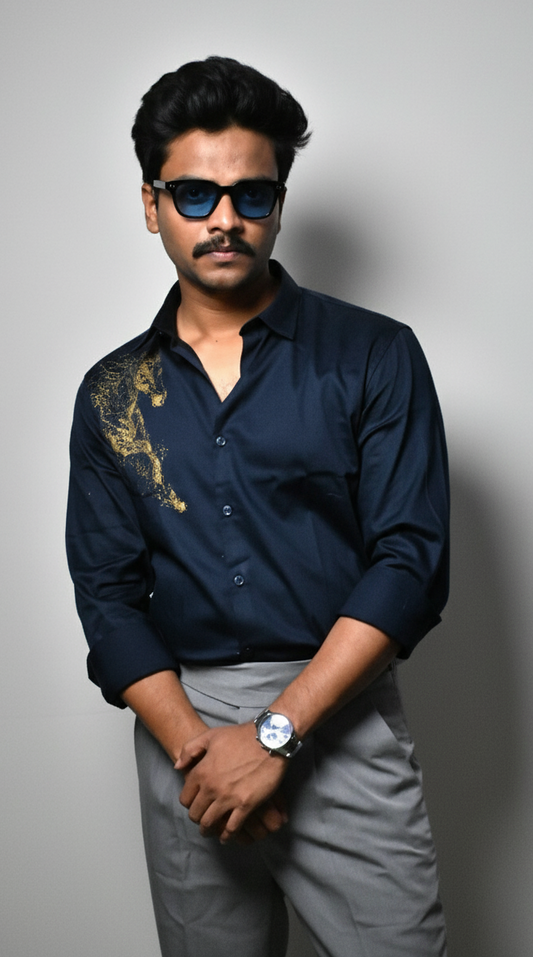 Navy Blue Designer Golden Horse Shirt