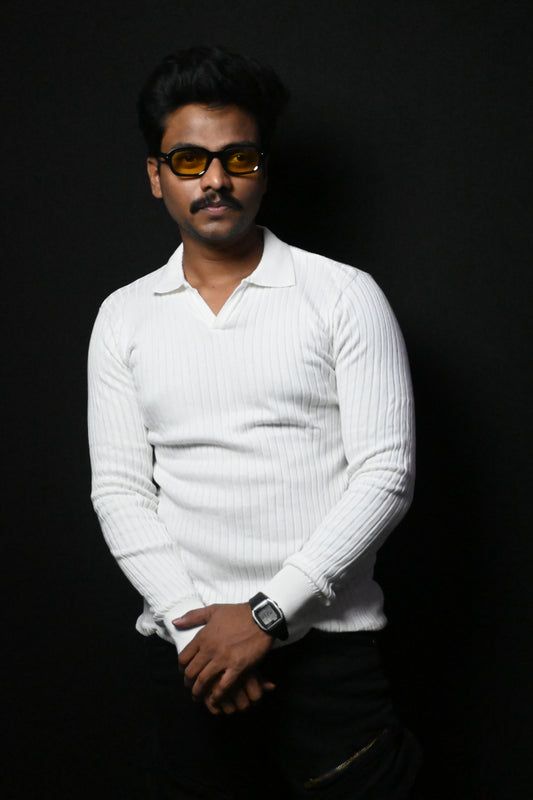 Old Money Heavy Ribbed Texture Full Sleeve White Polo T-Shirt