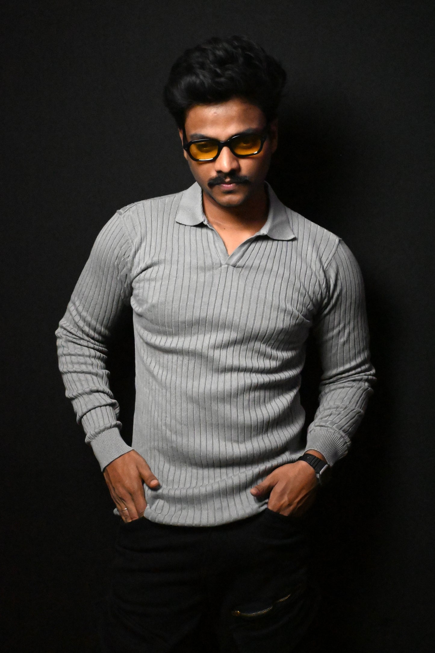 Old Money Heavy Ribbed Texture Full Sleeve Grey Polo T-Shirt