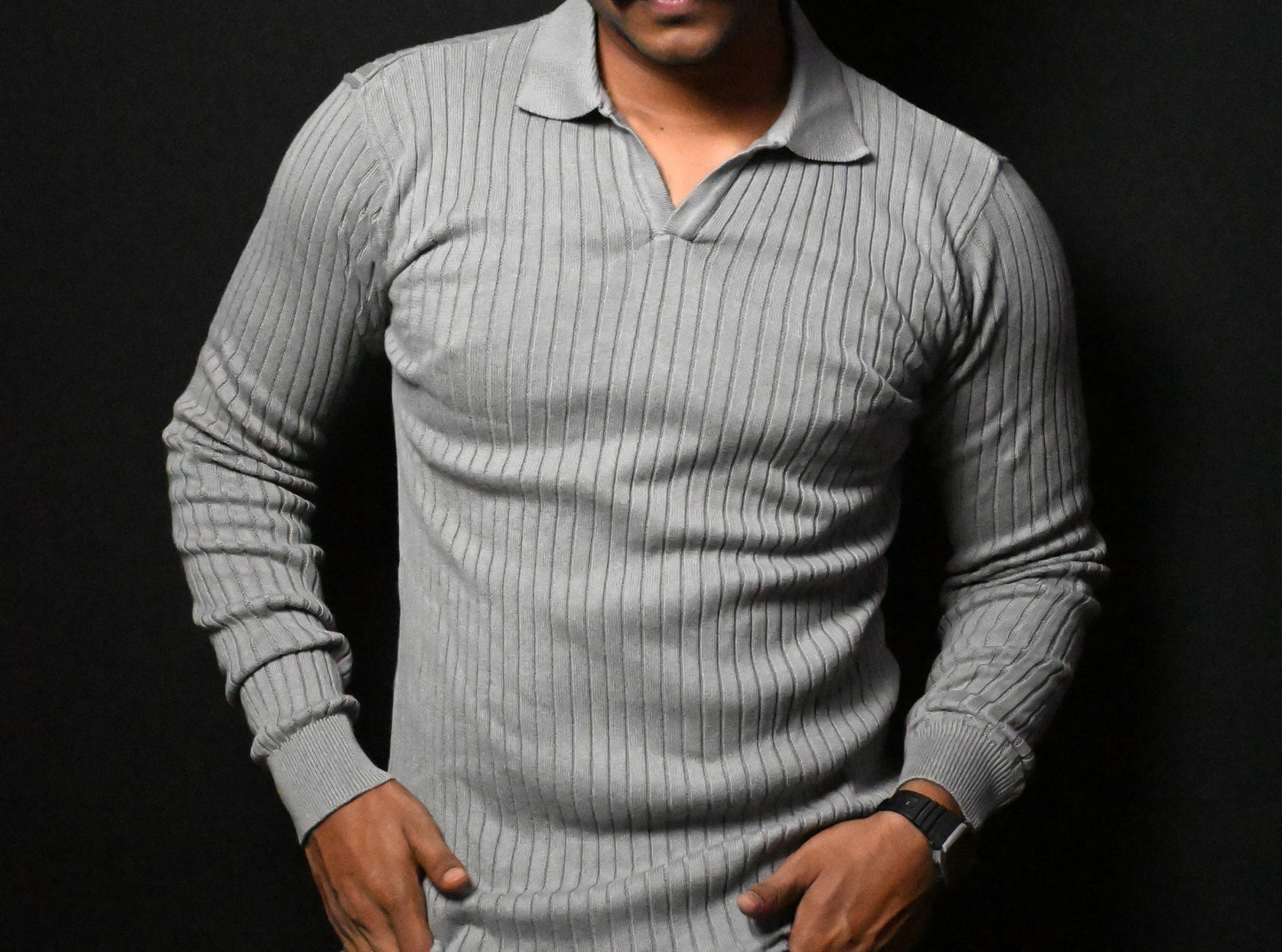 Old Money Heavy Ribbed Texture Full Sleeve Grey Polo T-Shirt