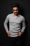 Old Money Heavy Ribbed Texture Full Sleeve Grey Polo T-Shirt