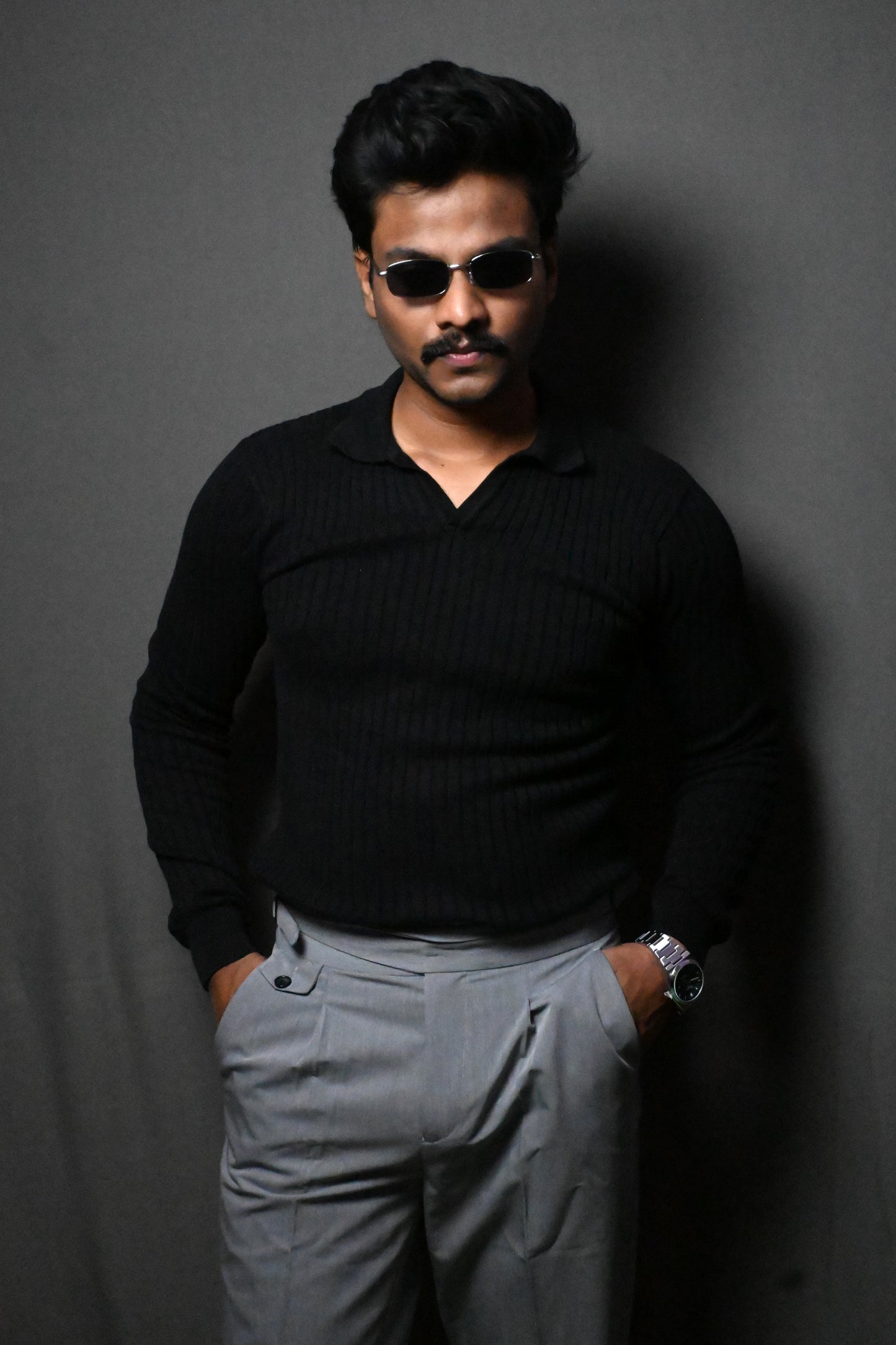 Old Money Heavy Ribbed Texture Full Sleeve Black Polo T-Shirt