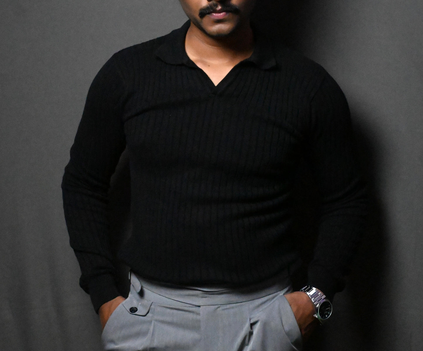 Old Money Heavy Ribbed Texture Full Sleeve Black Polo T-Shirt