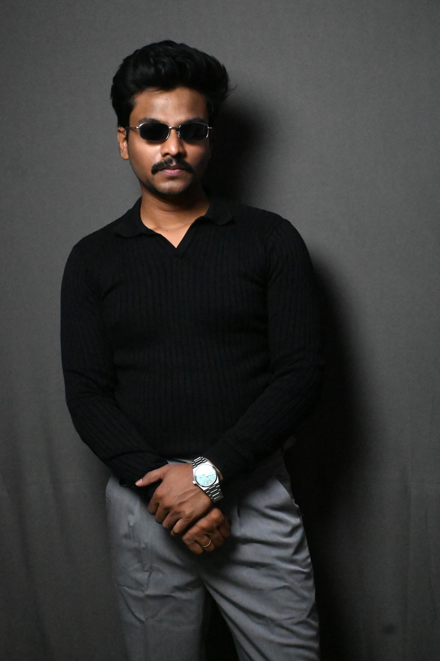 Old Money Heavy Ribbed Texture Full Sleeve Black Polo T-Shirt