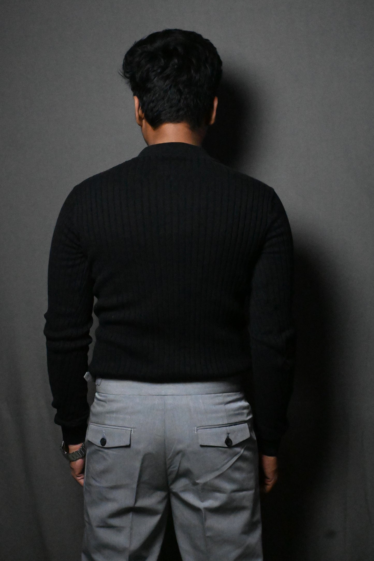 Old Money Heavy Ribbed Texture Full Sleeve Black Polo T-Shirt