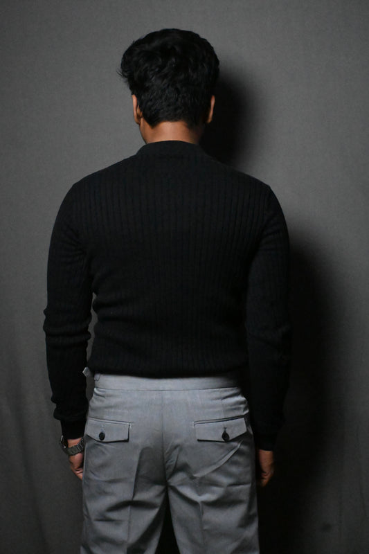 Old Money Heavy Ribbed Texture Full Sleeve Black Polo T-Shirt