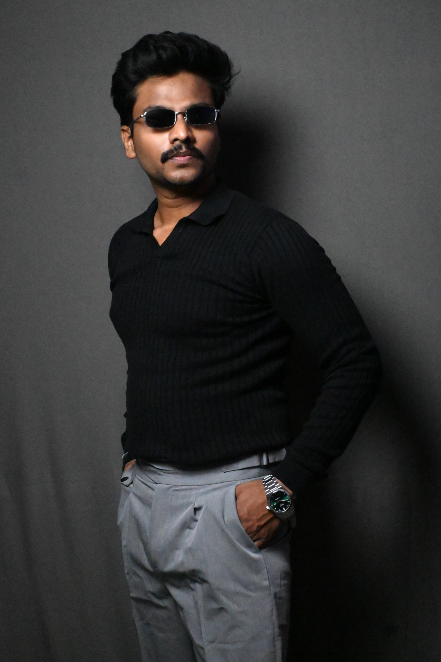 Old Money Heavy Ribbed Texture Full Sleeve Black Polo T-Shirt