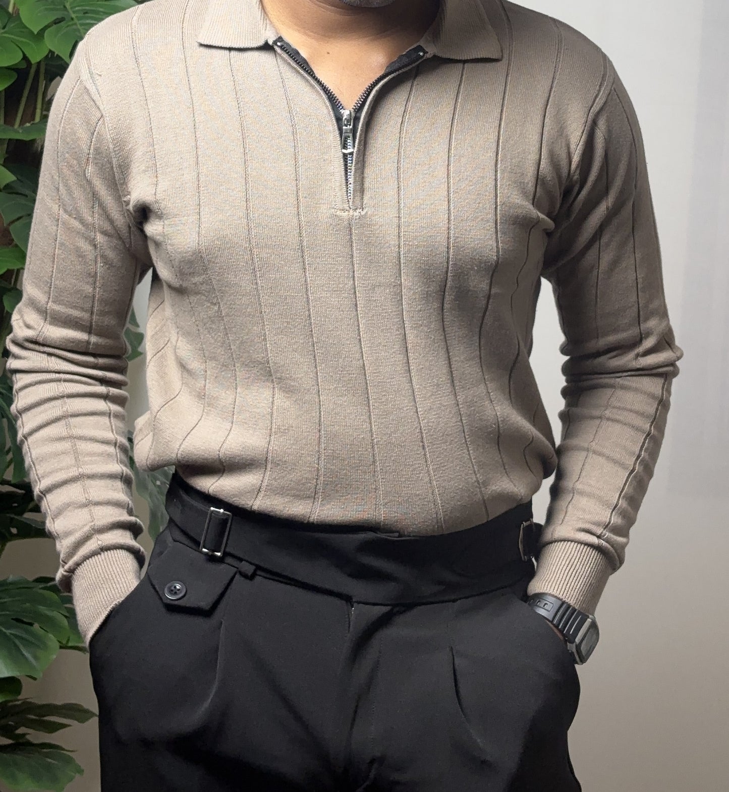 Ribbed Texture Full Sleeve T-Shirt Beige