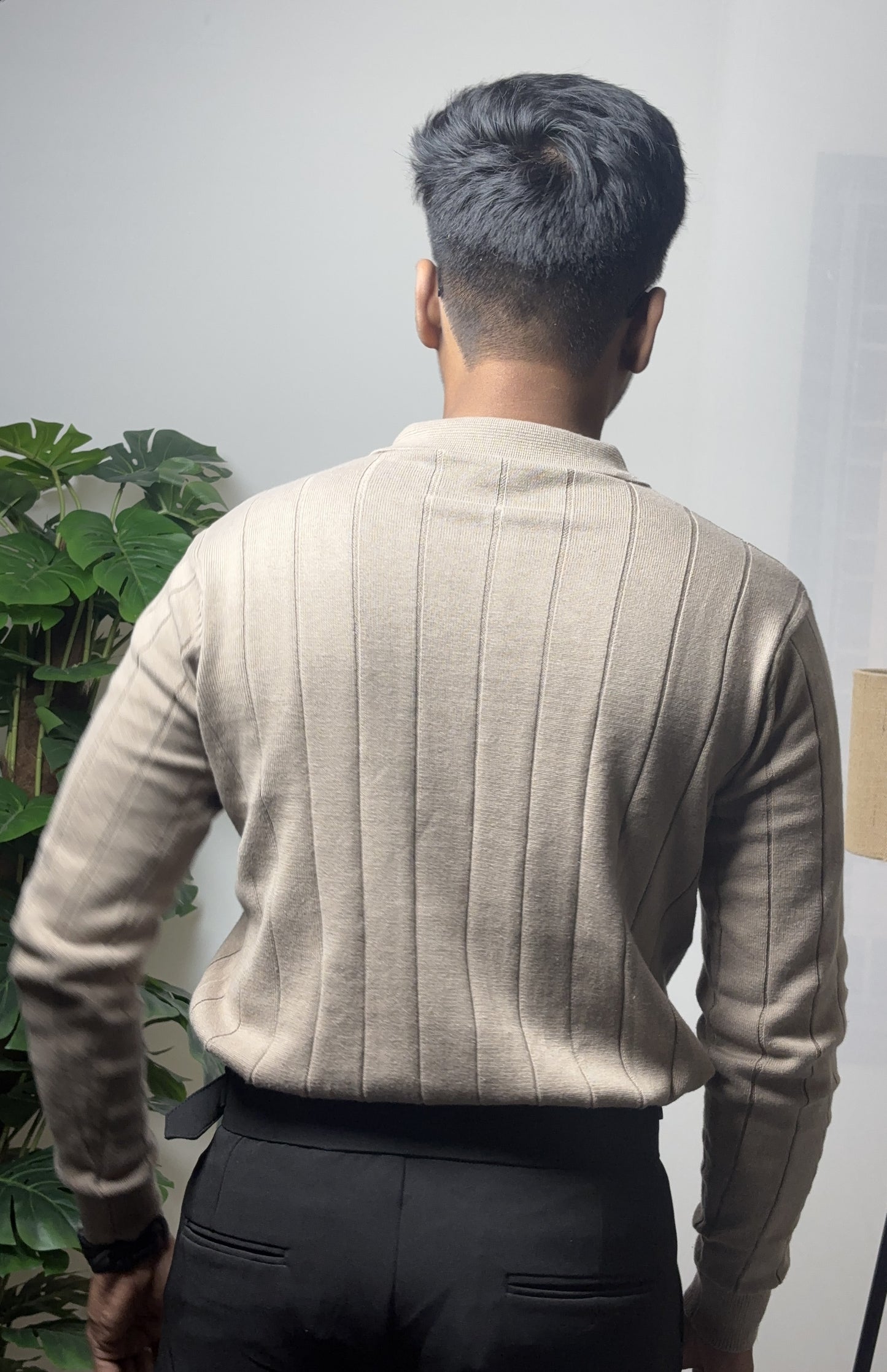 Ribbed Texture Full Sleeve T-Shirt Beige