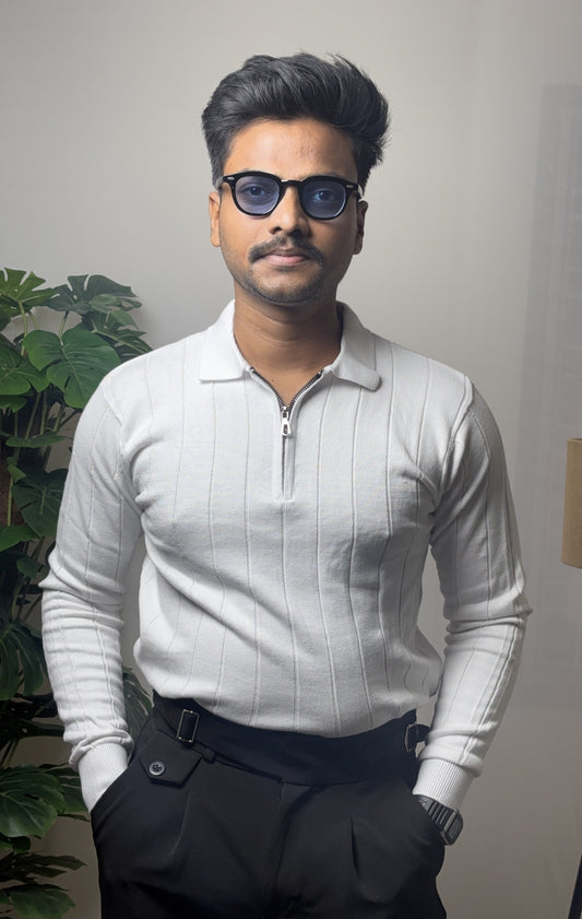 Ribbed Texture Full Sleeve T-Shirt White