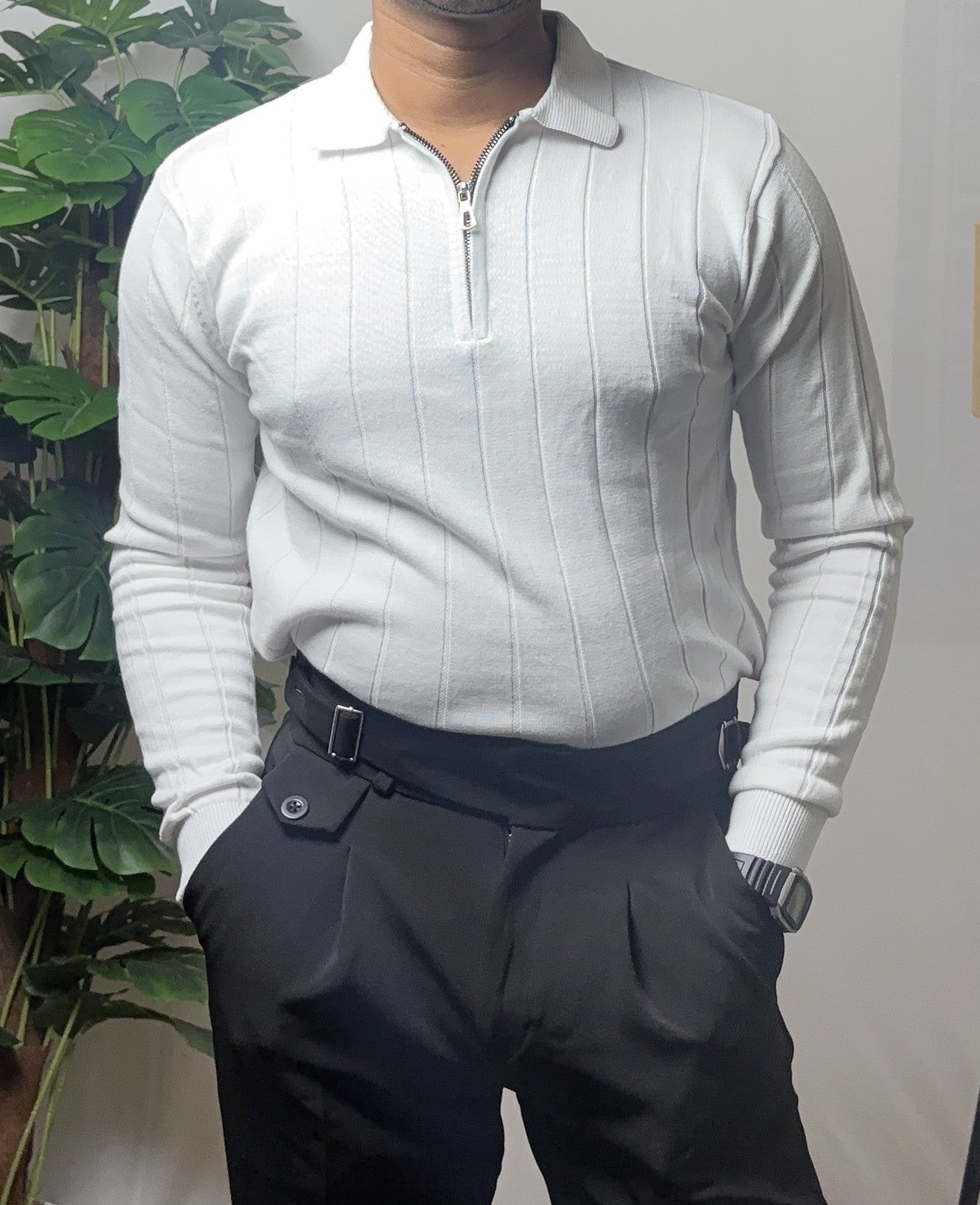 Ribbed Texture Full Sleeve T-Shirt White