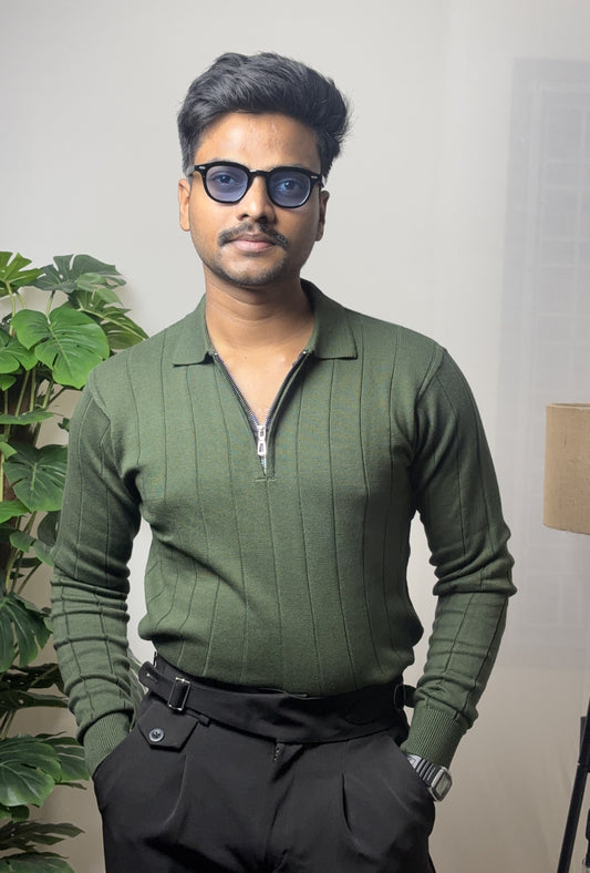 Ribbed Texture Full Sleeve T-Shirt Olive