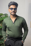 Ribbed Texture Full Sleeve T-Shirt Olive