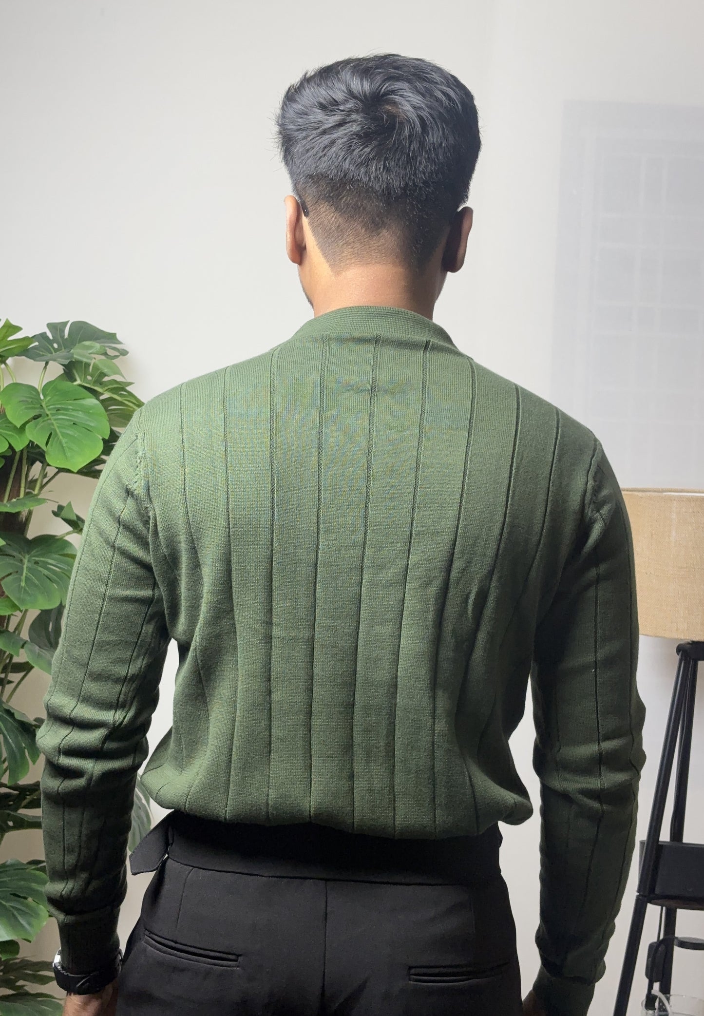Ribbed Texture Full Sleeve T-Shirt Olive